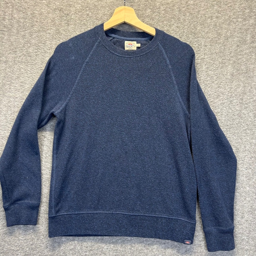 Faherty Brand Mens Indigo Blue Textured Raglan Crew Neck Sweatshirt Small
